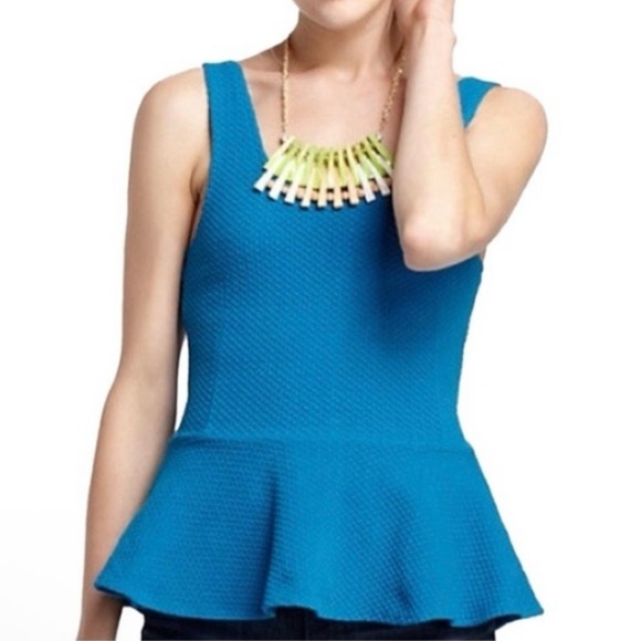Ganni Blue Textured Preppy Coastal Resortwear Career Quiet Luxury Peplum Top L - Picture 1 of 7